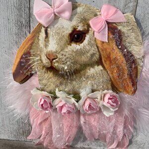 EASTER ANYTIME RABBIT HEAD ANGEL ORNAMENT*PINK PAPER FLOWERS*PINK FEATHERED WING